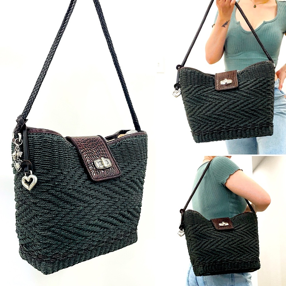 BRIGHTON⚡️Vintage Basketweave Open Rattan Shoulder Bag with Woven Leather Trim